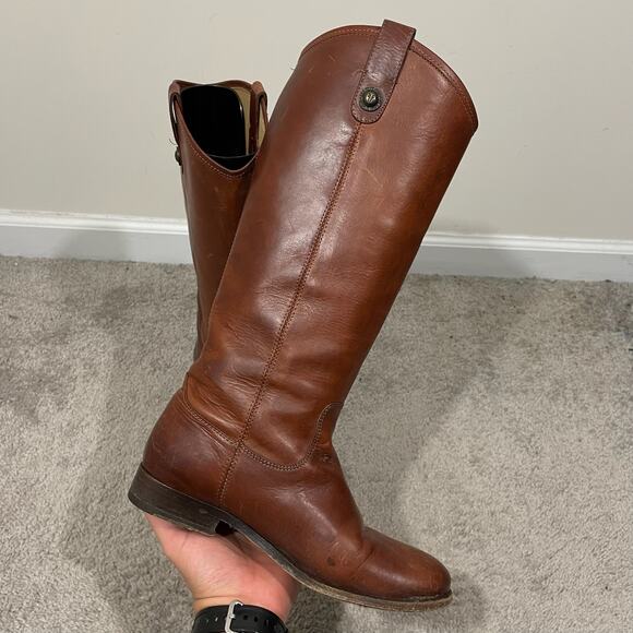 Frye Melissa Button Pull-On Leather Tall Riding Boots Womens Sz 7.5 Cognac Brown - Picture 3 of 14